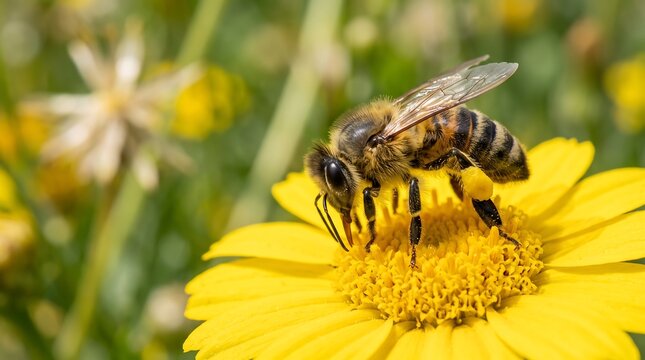 Honey bee collecting nectar on yellow flower, macro photography of honeybee pollinating wildflower, sunny garden nature scene