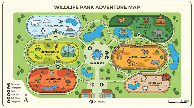 Illustrated wildlife park adventure map showing various animal enclosures and pathways