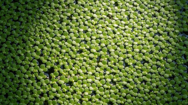 Tiny green duckweed plants blanket dark water surface creating abstract natural pattern. Aquatic vegetation forms dense carpet, vivid green hue contrasts black pond.