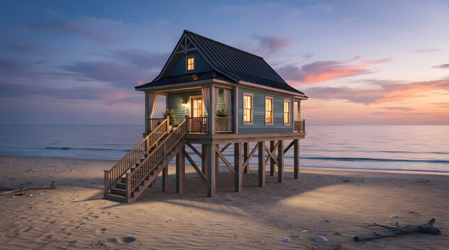 Small wooden coastal house elevated on wooden stilts near peaceful beach during vibrant sunset for vacation rental property ads.
