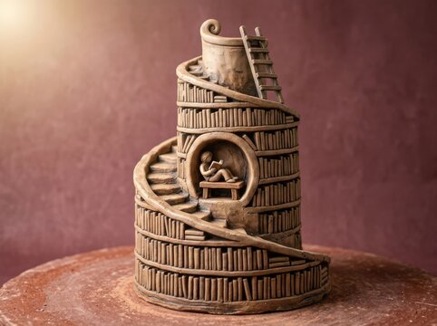Clay tower sculpture with reader and spiral staircase