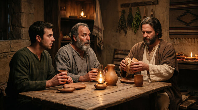 The two disciples at Emmaus suddenly recognizing Jesus the exact moment he breaks the bread