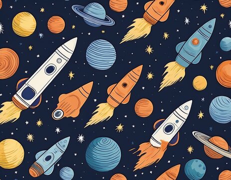 hand drawn seamless space pattern with space rockets planets stars space background