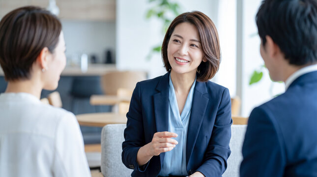 オフィスでメンバーと打ち合わせを行う女性リーダーのキャリアウーマン