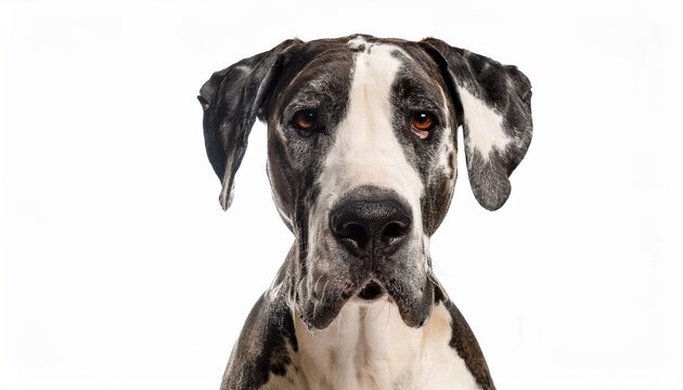 large harlequin great dane with brown eyes isolated on white background or white background