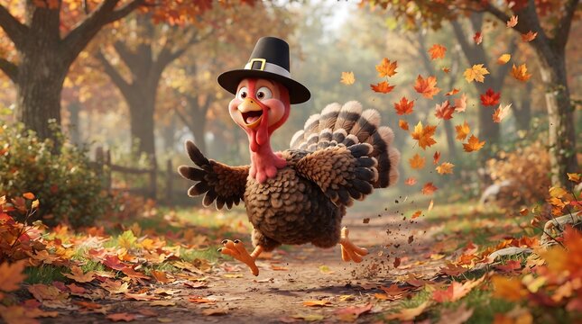 Funny Thanksgiving turkey wearing pilgrim hat running through autumn forest, cute cartoon character in fall woods, festive holiday bird