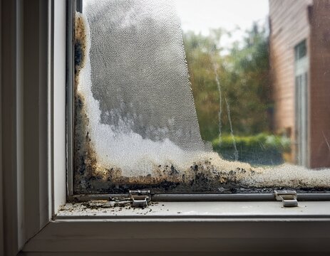 mold and water damage on a window frame in a building during a rainy day