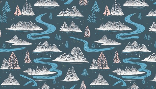mountains trees and rivers outdoor adventure themed hand drawn seamless pattern
