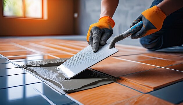 notched trowel spreading tile adhesive floor mortar application tiler