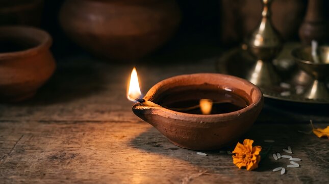 Traditional clay diya lamp with burning flame, glowing oil lamp for Diwali celebration, spiritual lighting on rustic wooden table