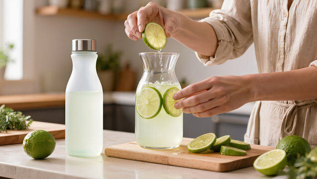 A person squeezes fresh lime into a glass pitcher of citrus water beside a reusable bottle and cutting board, highlighting homemade beverage preparation, hydration and healthy kitchen routines