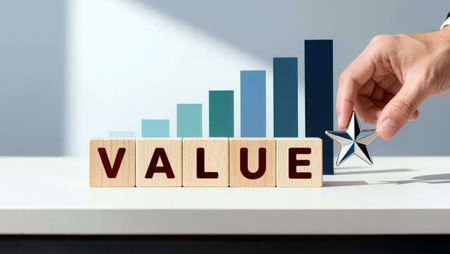 A hand holds a star beside wooden blocks spelling VALUE beneath rising blue bars, creating a focused business image about priorities, performance, growth and measurable success