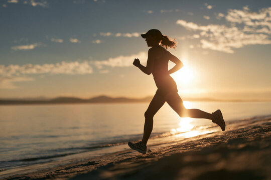 Silhouette of female runner jogging along sandy beach at sunset, ocean waves and mountains in background, peaceful and energetic mood