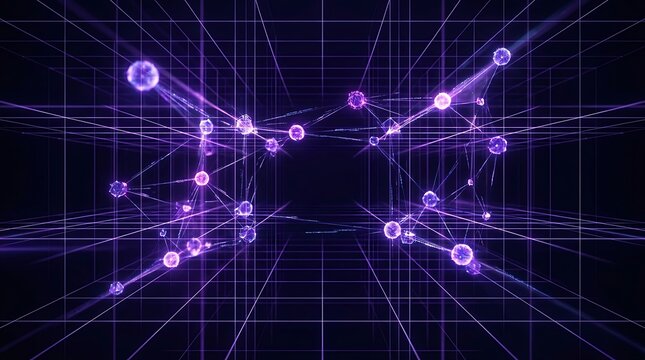 Abstract data network visualization with floating nodes and connecting purple lines glowing nodes connection lines