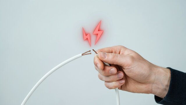 Hand holding broken electric wire with glowing spark symbol hazard