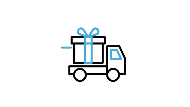 Animated shipping gift packages via cargo truck icon. Logistics delivery of cardboard box using vehicle for courier shipment animation video. Motion graphics with alpha channel