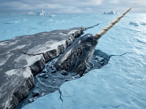 Narwhal in melting ice climate change concept artwork