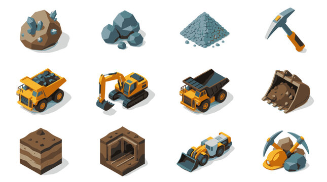 Dynamic Isometric of Mining Equipment and Materials with Vibrant Colors and Detailed Textures with high quality professional line art symbols for modern creative design and digital branding projects