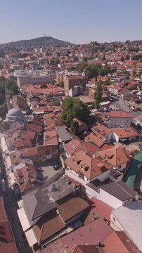Aerial Drone Reveal of Historic Bascarsija Old Town Bazaar in Sarajevo