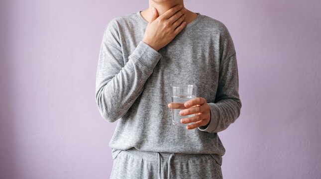 Person holding throat and glass of water, sore throat pain, swallowing difficulty, health problem, medical concept, illness symptom, hydration, purple background