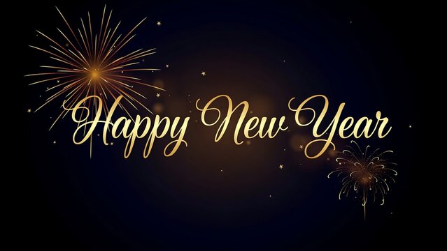 Happy new year celebration with colorful fireworks and glitter text