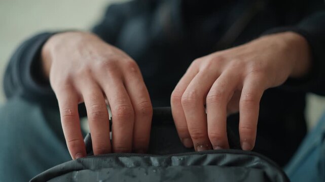 Close up of person hands resting on handle of black bag showing slight movement and texture detail. background is softly blurred with neutral tones focusing attention on subject interaction