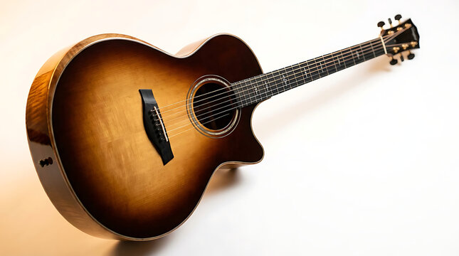 Acoustic Guitar on White Background, Musical Instrument, Warm Wood Tones, Detailed Texture, Studio Shot, Music Concept.