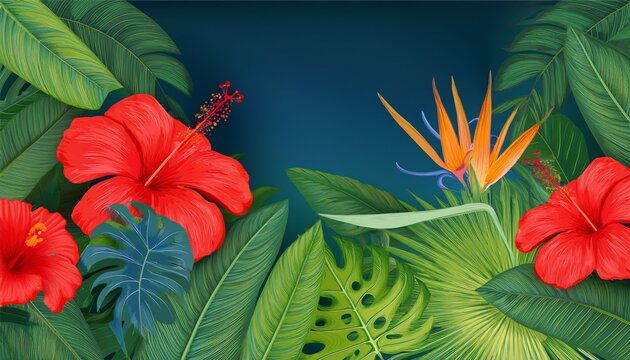 tropical flowers and monstera leaves in jungle red hibiscus and bird of paradise exotic floral garden panorama