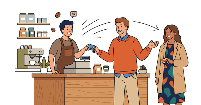 Smiling customer pays for coffee for the next woman at cafe counter while barista accepts card concept of pay it forward kindness generosity and goodwill