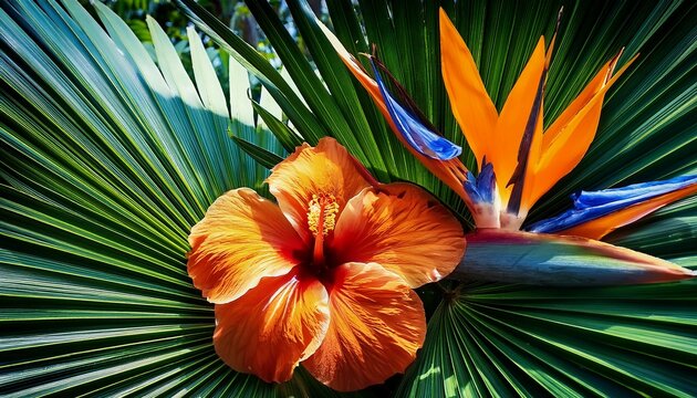 vibrant hibiscus flower and bird of paradise bloom nestled among lush green tropical palm leaves