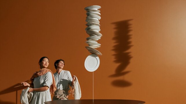Floating column of ceramic plates hovering over a dark table, featuring two people with linen cloths in a warm terracotta room for homeware advertising and copy space