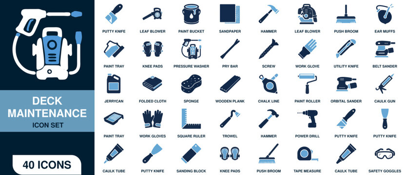 Deck maintenance icon set, home improvement and wood care tools, vector illustrations for construction, repair, cleaning, and renovation services