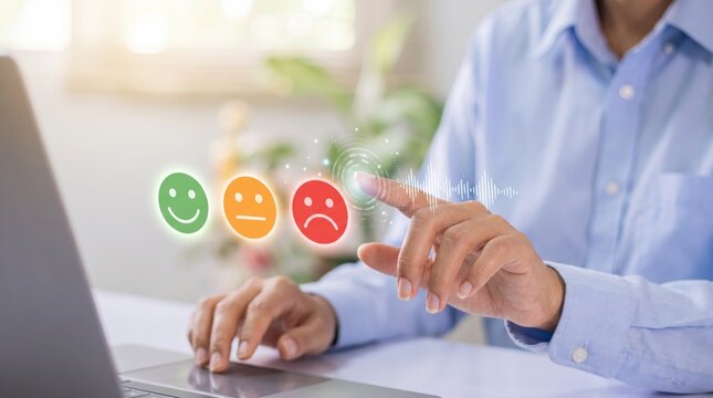 Businessman selecting customer satisfaction rating icon on virtual screen, user experience feedback concept, digital service evaluation interface, modern technology support