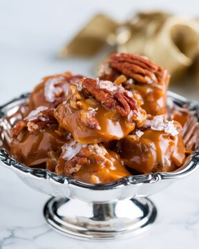 Handcrafted caramel pralines with pecans in a silver bowl
