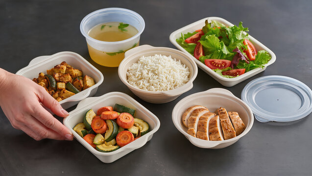 Meal preparation with rice, chicken, roasted vegetables, fresh salad and soup arranged in food containers for organized home cooking and lunch planning
