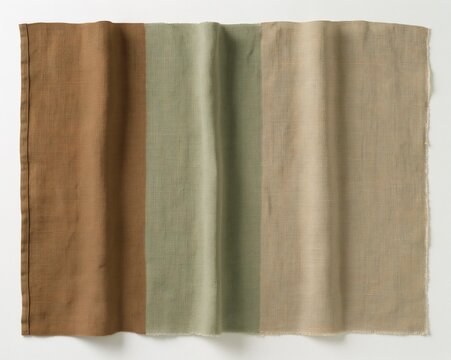 Heavyweight washed linen fabric with visible slub and pressed folds in muted clay, sage, and sand tones for textile and product design backgrounds