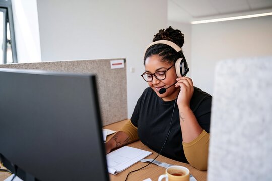 Black woman with locs wearing a headset at a cluttered office desk, naturally looking down at a notepad for customer care and call center themes