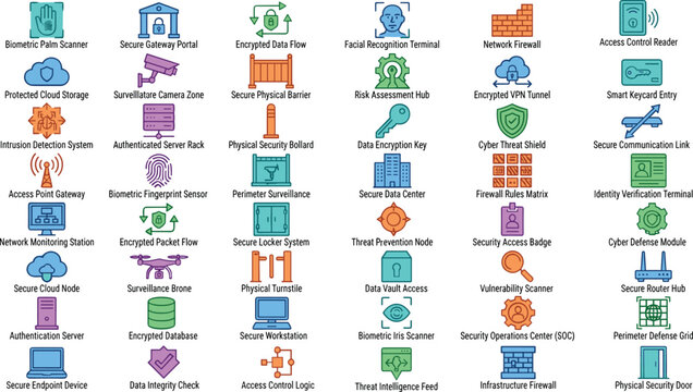Cybersecurity Infrastructure and Data Protection Icons for Network Security, Access Control, Surveillance, and Threat Prevention