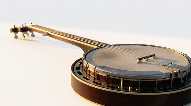Banjo on White Background, Musical Instrument, Acoustic Guitar, Folk Music, Stringed Instrument, Vintage Design