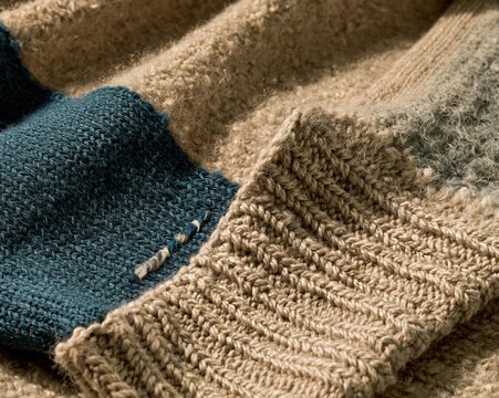 Darned wool throw and ribbed knitted sock in beige and teal blue, featuring soft pilled textures and mended patches for home comfort backgrounds
