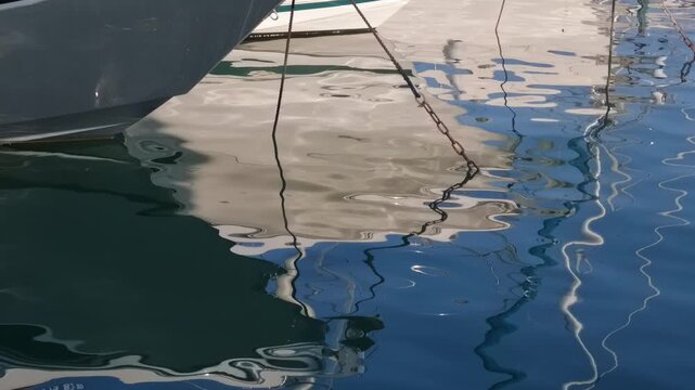 Close-up of a boat hull and mooring lines reflected in rippling water, Port Hercule, Monaco