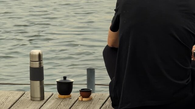 Stainless steel thermos and traditional style teacups on wooden coasters sit on a weathered wooden dock by calm lake water. Person wearing dark clothing is partially visible, enjoying a peaceful momen