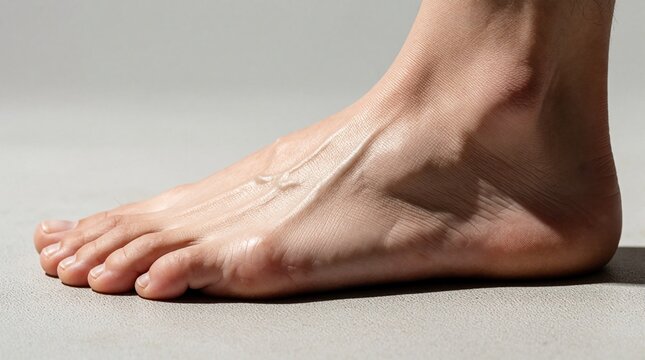 Close up of a human foot side view with prominent veins and detailed skin texture. Barefoot on a neutral surface, highlighting foot anatomy and health.