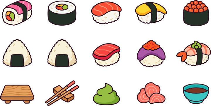 Japanese sushi set includes nigiri, maki rolls, onigiri, chopsticks, wasabi, and condiments on a white background.