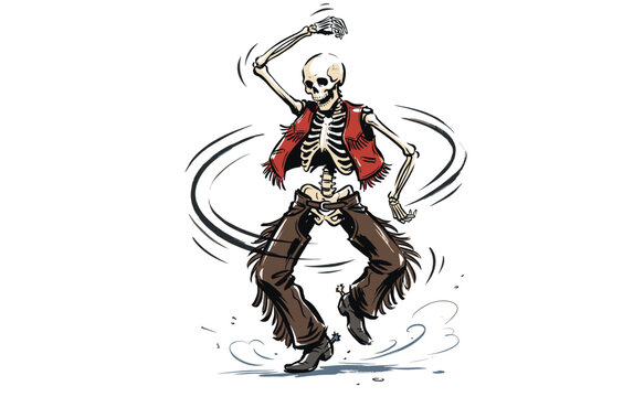 Skeleton character dancing in fringed vest and chaps illustration