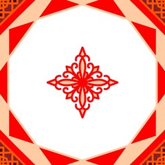 Elegant red and peach ornamental frame with central floral motif and geometric corners for traditional certificate or invitation design © Juan