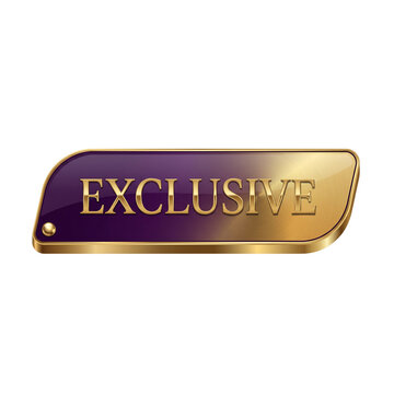 Luxury Exclusive gold badge button with glossy purple and golden metallic frame isolated on black background