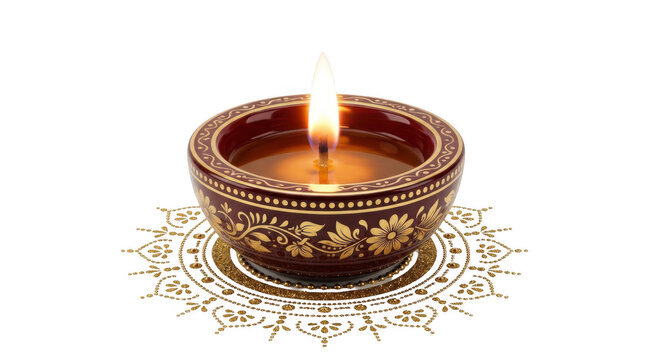 Traditional clay diya lamp glowing with flame for diwali festival celebration
