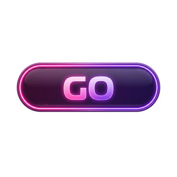 Futuristic neon Go web button with glowing pink and purple border isolated on black background for ui ux interface