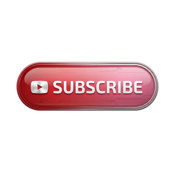 Futuristic glossy red Subscribe button with metallic frame and play icon isolated on black background